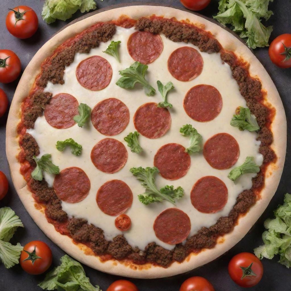 A pizza and hamburger fusion. The crust is made of delicious pizza dough, topped with a traditional hamburger patty, garnished with cheese, lettuce, and tomatoes, all arranged like pizza toppings.