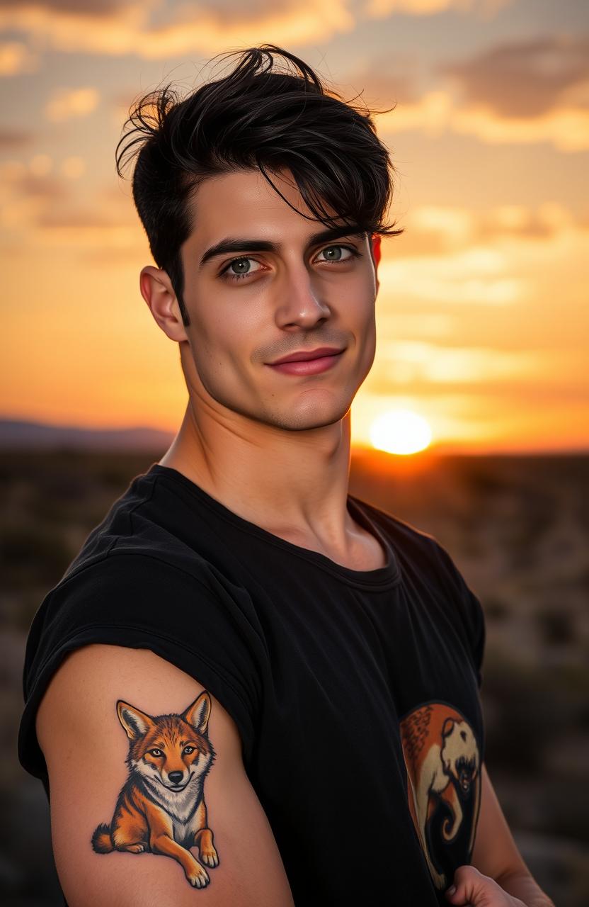 A handsome man with black hair and striking green eyes, showcasing a vivid tattoo of a coyote on his arm