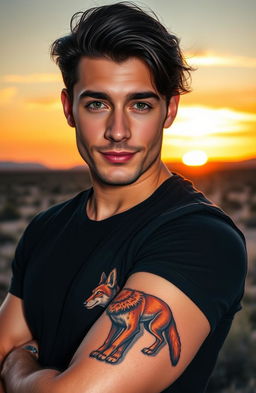 A handsome man with black hair and striking green eyes, showcasing a vivid tattoo of a coyote on his arm