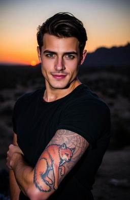 A handsome man with black hair and striking green eyes, showcasing a vivid tattoo of a coyote on his arm