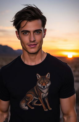 A handsome man with black hair and striking green eyes, showcasing a vivid tattoo of a coyote on his arm