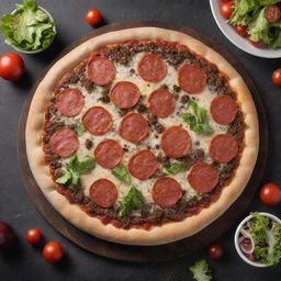 A pizza and hamburger fusion. The crust is made of delicious pizza dough, topped with a traditional hamburger patty, garnished with cheese, lettuce, and tomatoes, all arranged like pizza toppings.