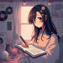 A captivating digital illustration of a girl in a lofi aesthetic, embodying the personality traits of a yandere