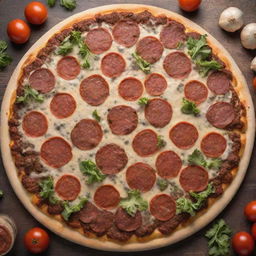 A pizza and hamburger fusion. The crust is made of delicious pizza dough, topped with a traditional hamburger patty, garnished with cheese, lettuce, and tomatoes, all arranged like pizza toppings.