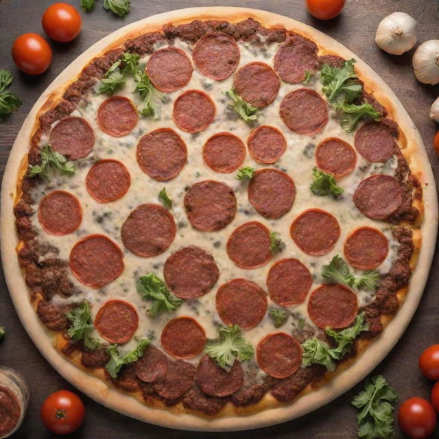 A pizza and hamburger fusion. The crust is made of delicious pizza dough, topped with a traditional hamburger patty, garnished with cheese, lettuce, and tomatoes, all arranged like pizza toppings.