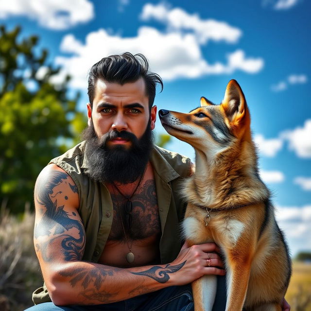 A man with black hair, a full beard, and striking green eyes