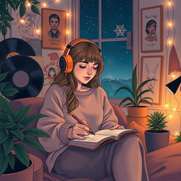 A cozy scene depicting a 'lofi girl' sitting comfortably in a softly lit room, surrounded by plants and glowing fairy lights