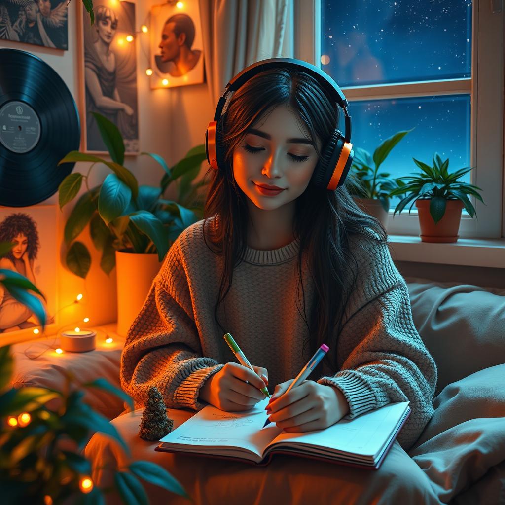 A cozy scene depicting a 'lofi girl' sitting comfortably in a softly lit room, surrounded by plants and glowing fairy lights