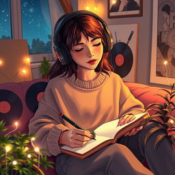 A cozy scene depicting a 'lofi girl' sitting comfortably in a softly lit room, surrounded by plants and glowing fairy lights