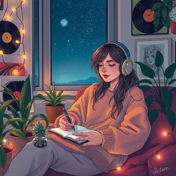 A cozy scene depicting a 'lofi girl' sitting comfortably in a softly lit room, surrounded by plants and glowing fairy lights