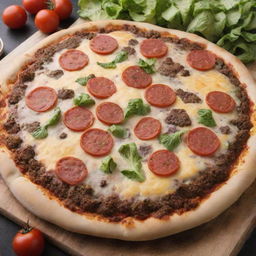 A pizza and hamburger fusion. The crust is made of delicious pizza dough, topped with a traditional hamburger patty, garnished with cheese, lettuce, and tomatoes, all arranged like pizza toppings.