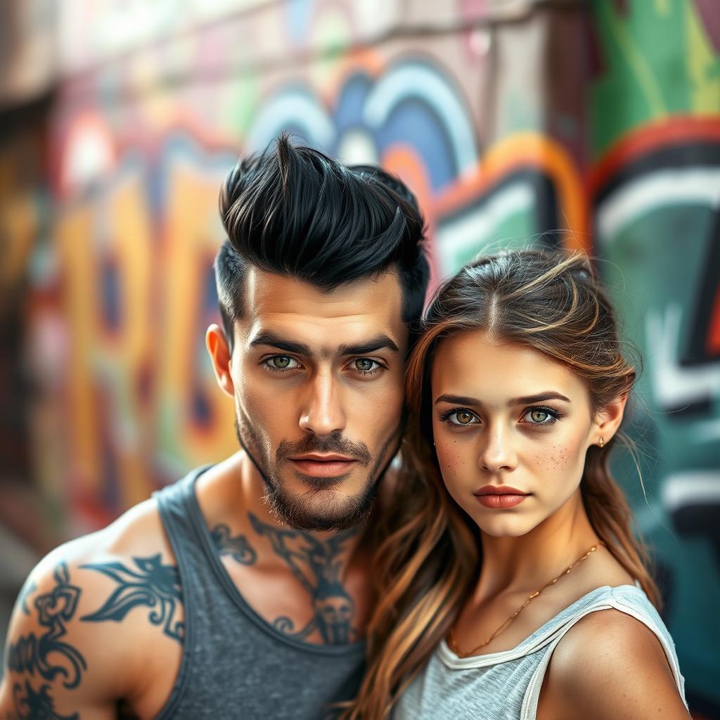 A handsome man with black hair styled in a pompadour, light beard, and striking green eyes, standing next to a beautiful girl with freckles, brown eyes, and brown hair featuring blonde highlights