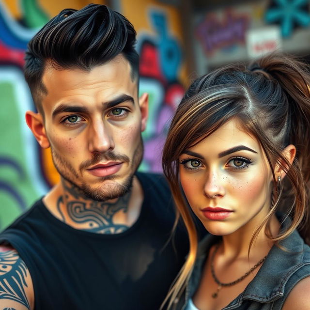 A handsome man with black hair styled in a pompadour, light beard, and striking green eyes, standing next to a beautiful girl with freckles, brown eyes, and brown hair featuring blonde highlights