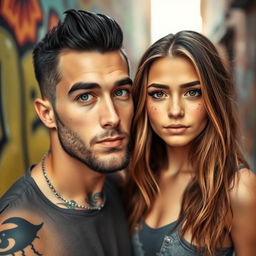 A handsome man with black hair styled in a pompadour, light beard, and striking green eyes, standing next to a beautiful girl with freckles, brown eyes, and brown hair featuring blonde highlights