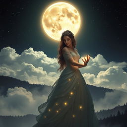 A stunning fantasy scene featuring a beautiful woman embodying a princess character