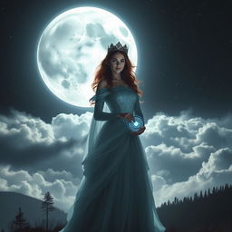 A stunning fantasy scene featuring a beautiful woman embodying a princess character