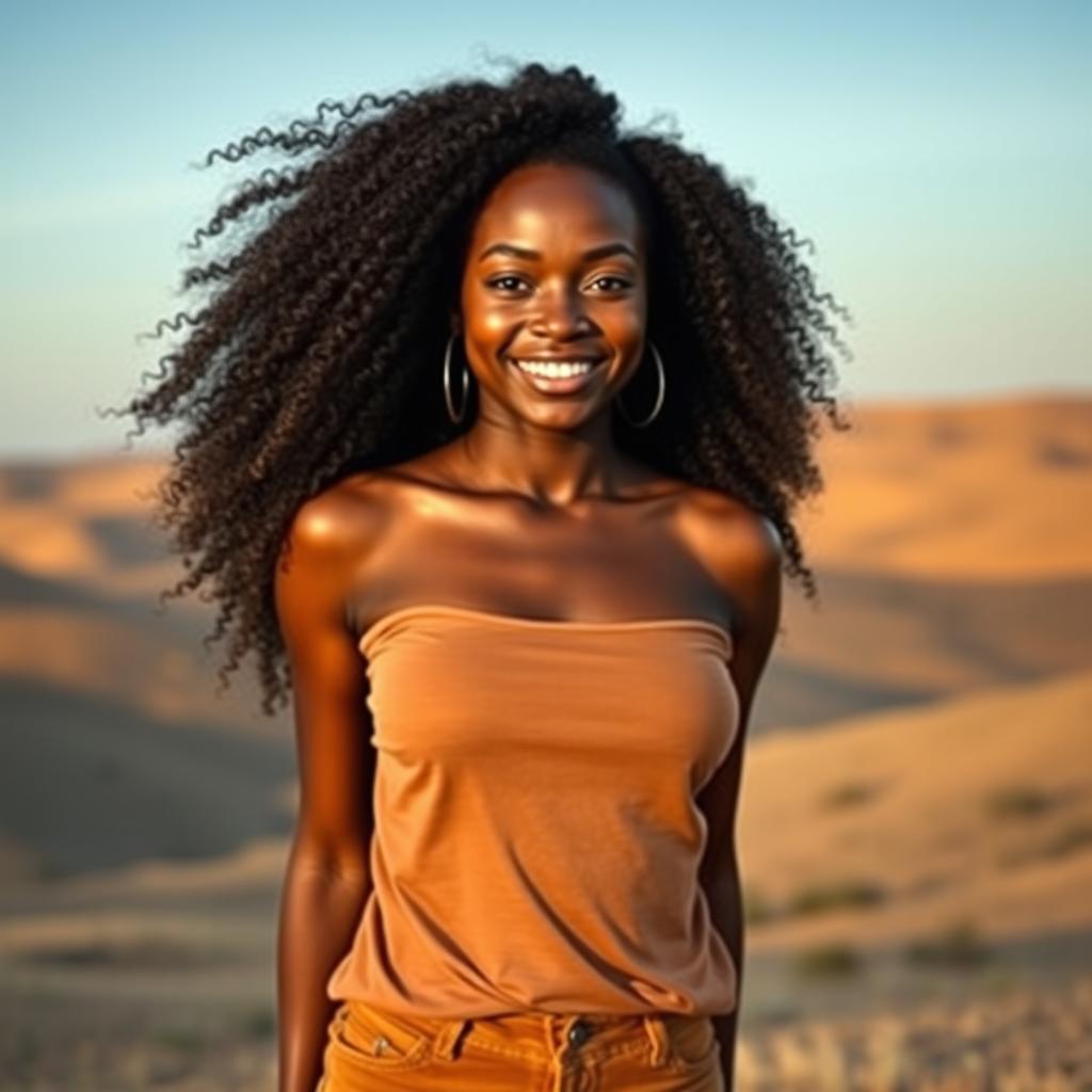 A confident black woman with beautifully styled curly hair, standing gracefully in the vastness of an open landscape