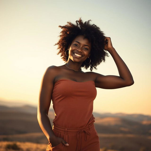 A confident black woman with beautifully styled curly hair, standing gracefully in the vastness of an open landscape