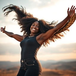 A confident black woman with beautifully styled curly hair, standing gracefully in the vastness of an open landscape