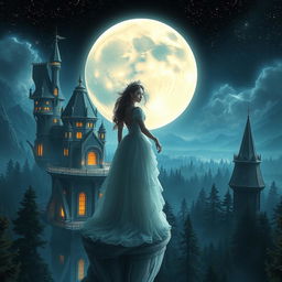 A captivating fantasy scene featuring a beautiful woman embodying a princess character, set against a large, radiant moon