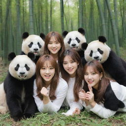 K-pop girl group Apink, striking a playful pose, surrounded by adorable pandas in a serene bamboo forest.