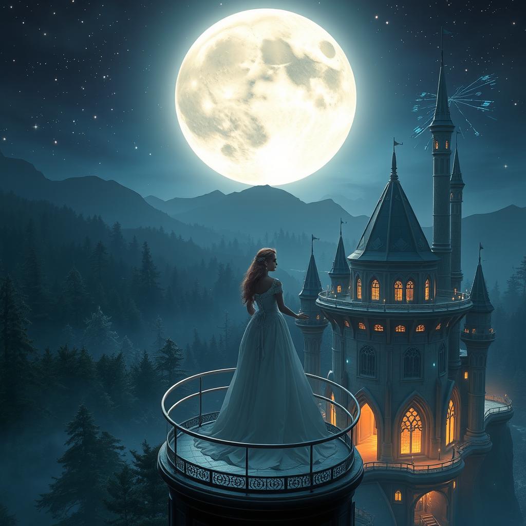 A captivating fantasy scene featuring a beautiful woman embodying a princess character, set against a large, radiant moon