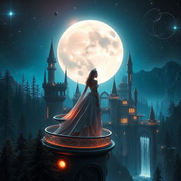 A captivating fantasy scene featuring a beautiful woman embodying a princess character, set against a large, radiant moon