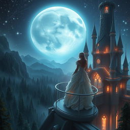 A captivating fantasy scene featuring a beautiful woman embodying a princess character, set against a large, radiant moon