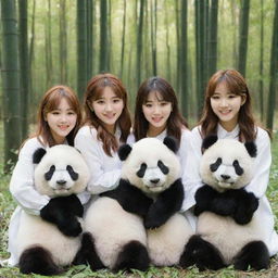 K-pop girl group Apink, striking a playful pose, surrounded by adorable pandas in a serene bamboo forest.