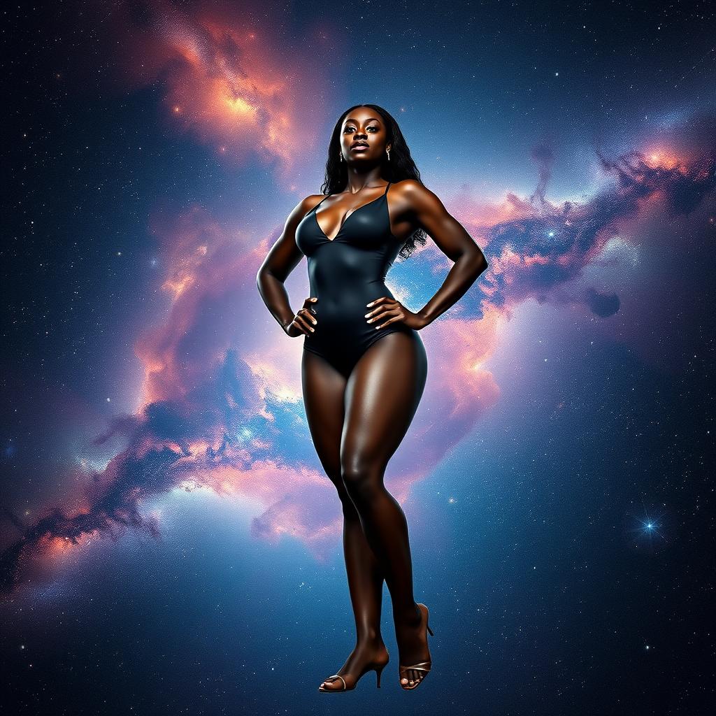 A strong and confident black woman, standing gracefully in the vastness of the universe