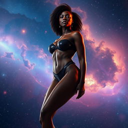 A strong and confident black woman, standing gracefully in the vastness of the universe