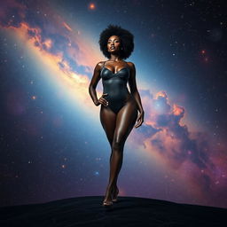 A strong and confident black woman, standing gracefully in the vastness of the universe