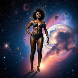 A strong and confident black woman, standing gracefully in the vastness of the universe