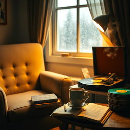 A serene and tranquil atmosphere perfect for reading, featuring a cozy nook with a comfortable armchair and a small side table