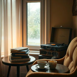 A serene and tranquil atmosphere perfect for reading, featuring a cozy nook with a comfortable armchair and a small side table