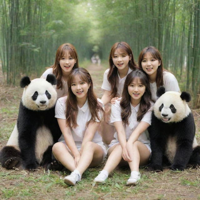 K-pop girl group Apink, striking a playful pose, surrounded by adorable pandas in a serene bamboo forest.