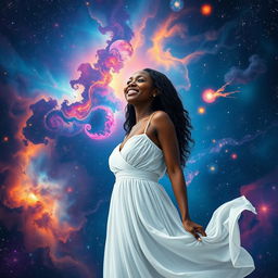 A beautiful black woman in a flowing white dress, filled with grace and elegance, standing in the midst of a stunning cosmic landscape