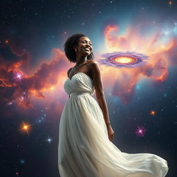 A beautiful black woman in a flowing white dress, filled with grace and elegance, standing in the midst of a stunning cosmic landscape