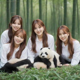 K-pop girl group Apink, striking a playful pose, surrounded by adorable pandas in a serene bamboo forest.