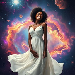 A beautiful black woman in a flowing white dress, filled with grace and elegance, standing in the midst of a stunning cosmic landscape