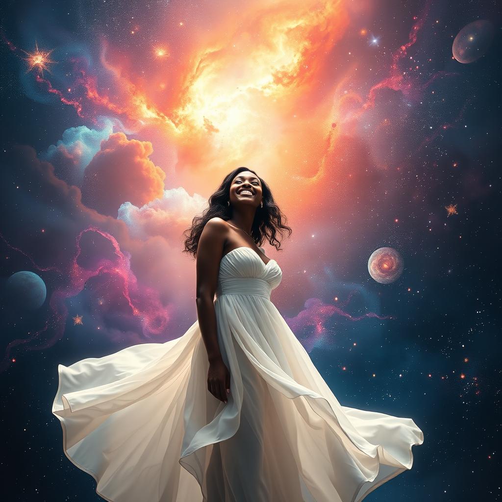 A beautiful black woman in a flowing white dress, filled with grace and elegance, standing in the midst of a stunning cosmic landscape