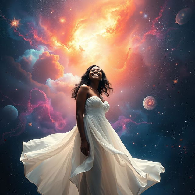 A beautiful black woman in a flowing white dress, filled with grace and elegance, standing in the midst of a stunning cosmic landscape