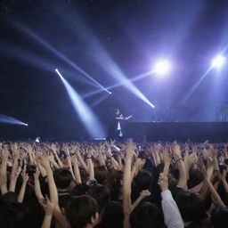 A lively concert scene with K-pop band BTS on stage, with thousands of A.R.M.Y fans passionately singing along and waving their light sticks.