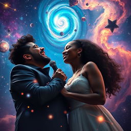 A romantic scene featuring Piero Barone from Il Volo passionately singing, with a stunning black woman weighing 80 kilograms standing beside him