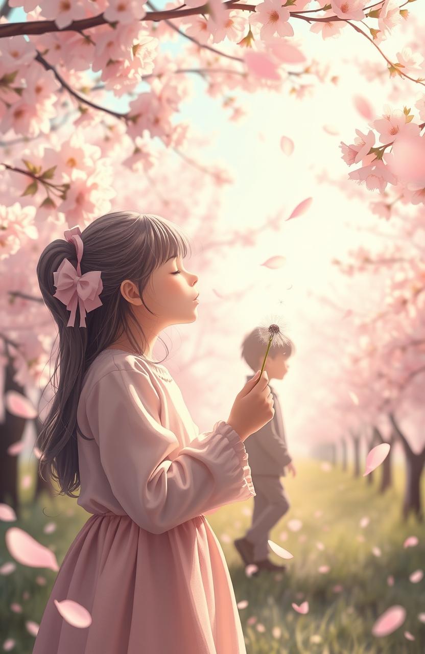 A girl blowing a dandelion flower seed into the air, with the silhouette of a young boy in the background, surrounded by cherry blossom trees in full bloom, creating a dreamy and whimsical atmosphere