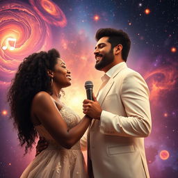 A romantic scene featuring Piero Barone from Il Volo passionately singing, with a stunning black woman weighing 80 kilograms standing beside him