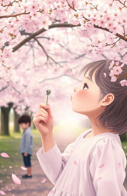 A girl blowing a dandelion flower seed into the air, with the silhouette of a young boy in the background, surrounded by cherry blossom trees in full bloom, creating a dreamy and whimsical atmosphere