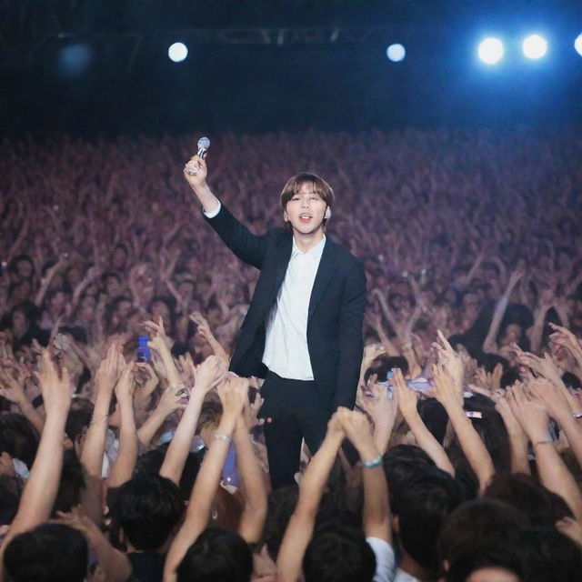 A lively concert scene with K-pop band BTS on stage, with thousands of A.R.M.Y fans passionately singing along and waving their light sticks.