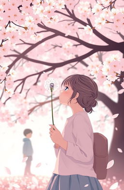 A girl blowing a dandelion flower seed into the air, with the silhouette of a young boy in the background, surrounded by cherry blossom trees in full bloom, creating a dreamy and whimsical atmosphere