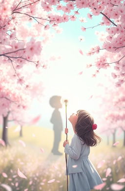 A girl blowing a dandelion flower seed into the air, with the silhouette of a young boy in the background, surrounded by cherry blossom trees in full bloom, creating a dreamy and whimsical atmosphere